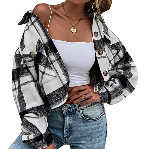 Gihuo Women's Fashion Cropped Shacket Button Down Corduroy Shacket Jackets Casual Plaid Long Sleeve Crop Shirts Jackets Tops (PlaidBlack-XS)