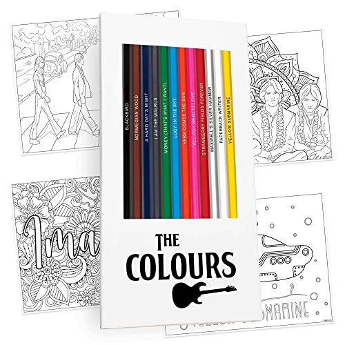 Pun Labs The Colours-Inspired Colored Pencils & Beatles-Inspired Coloring Pages - 12 Soft Core Parody Pencils & 10 Fun Coloring Pages, Ideal Gift for Rolling Stones Fans, Artists & Music Enthusiasts