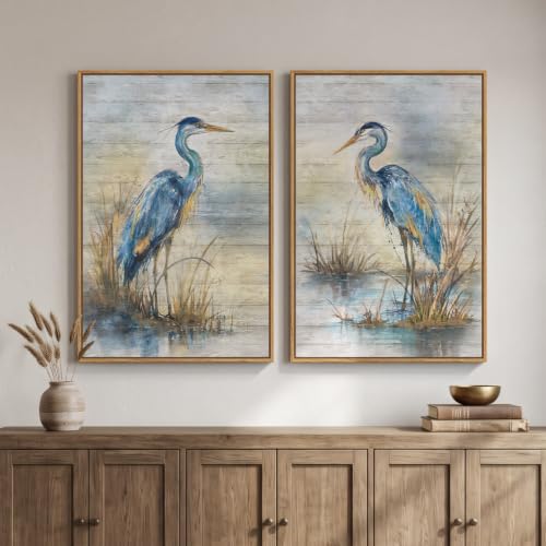 Framed Vintage Coastal Blue Heron Bird Wall Art for Living Room, 24x36 Inch