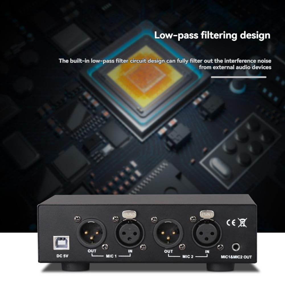 Fuente de Alimentación Fantasma 2 Entradas y 2 Salidas de 48 V. Alimentación Fantasma Compacta Universal para Micrófonos de Condensador y Equipos de Grabación de Música.