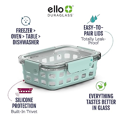 Ello Duraglass Meal Prep Container, 3.4 Cup- Glass Food Storage Container With Silicone Sleeve And Airtight Bpa-Free Plastic Lid, Dishwasher, Microwave, And Freezer Safe, Yucca #TOP4