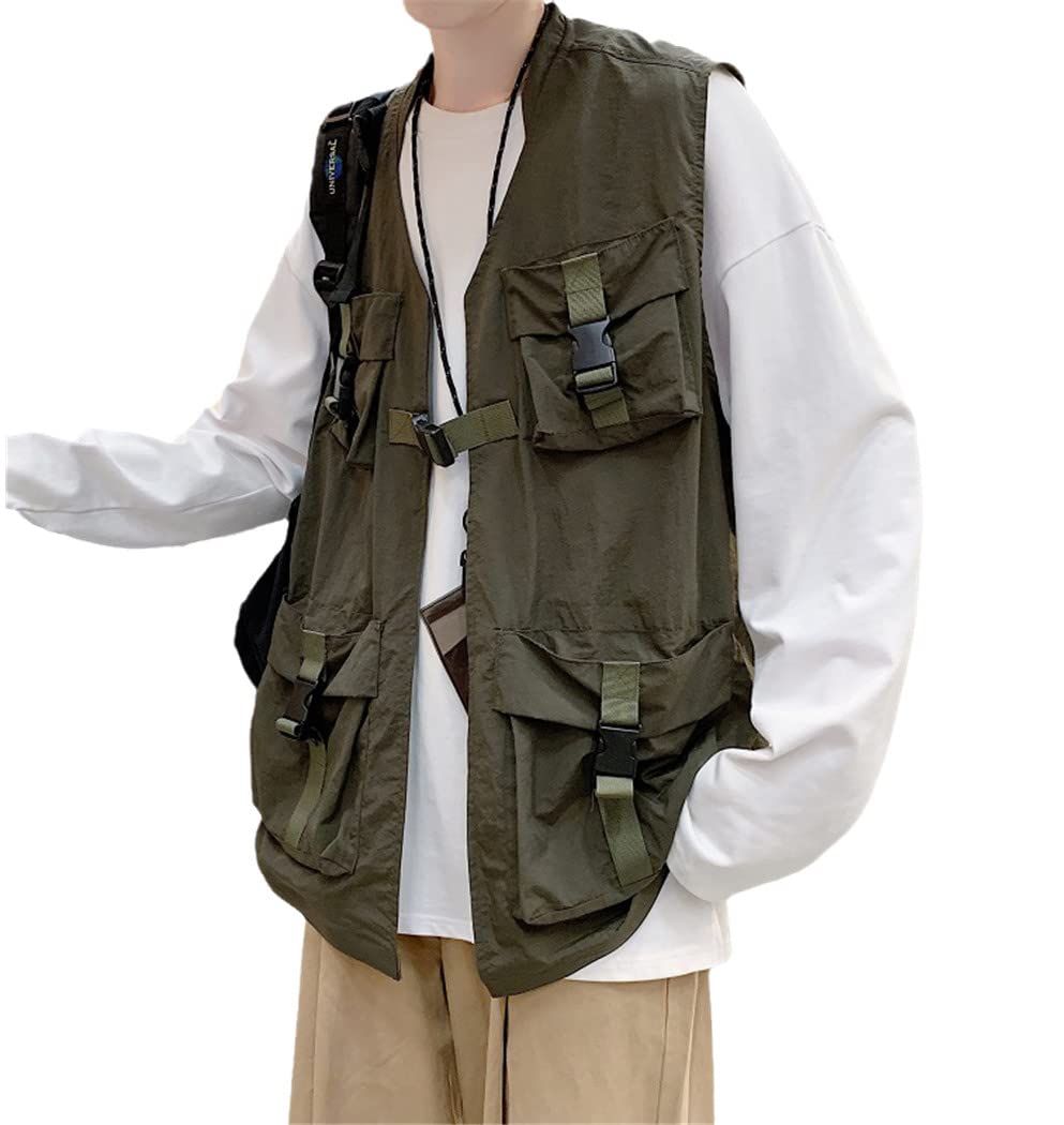 Deportes al aire libre tácticos Tops, chaleco militar sin mangas multi-bolsillo, Hip Hop Color sólido ropa de abrigo suelta