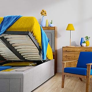 FurnitureFul Double Ottoman Bed - Storage Underneath Gas Lift Base - Grey Upholstered Fabric Frame with Headboard & Footboard Complete Set Assembly Video Included - Double 4ft 6 inch