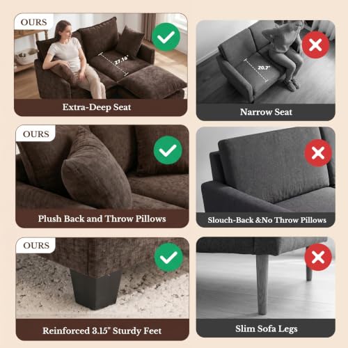 Image of KYJ Cloud Loveseat Sofa Couch with Ottoman 3 Layer Cushion for Small Spaces | 50 inch Chenille Small Sofa, 27 inch Deep Seat, 2 Washable Pillow, in a Box for Bedroom & Living room, Singles, Couple & Kid, Brown