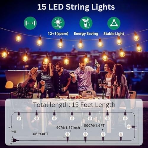 Image of One94Store G40 Globe String Lights | 15 Ft Outdoor String Light with 15 Edison Bulbs | Waterproof Warm White Decorative Lights for Balcony, Backyard, Porch, Garden & Home Decor