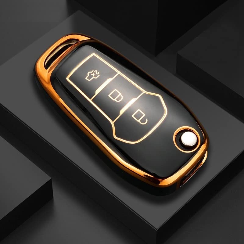 Image of JVCV Gold Border TPU Key Cover Compatible with Ford Endeavour Figo Aspire Freestyle 3 Button Folding Key - Glossy Protective Flip Key Case (Black)