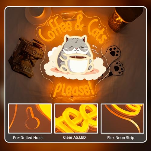 Image of Coffee Cat Please Neon Sign Dimmable LED Wall Light for Cafe Station Decor | 14.76IN*12.6IN,Five level brightness adjustment,USB powered,For Coffee Kitchen Corner Club Window Decor,Party Gifts