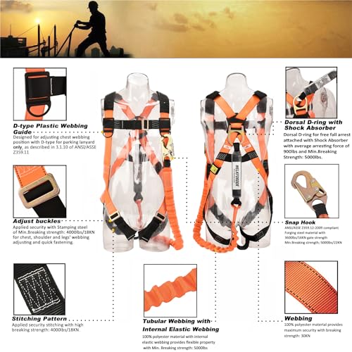 Image of 1D-Ring Industrial Fall Protection Safety Harness with 6-Foot Shock Absorber Stretchable Lanyard | Permanent attached Kit | ANSI Compliant Personal Fall Arrest System(PFAS)
