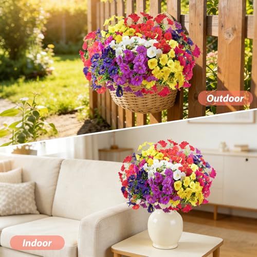 Image of 12 Bundles Artificial Flowers for Outdoors, Silk Morning Glory Flowers(Mix) | UV Resistant Fake Eucalyptus Plants for Spring Summer Garden Patio Home Outdoors Decor