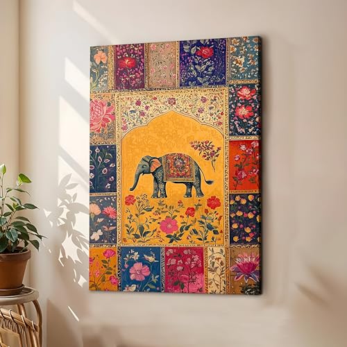 Image of PAINTINGMANTRA Abstract Stretched Canvas Multicolor Wall Art Painting Elephant Madhubani Beautiful Wall Decor in Yellow, Beige and Multicolor for Living Room, Bedroom, Office - 22x34 Inch