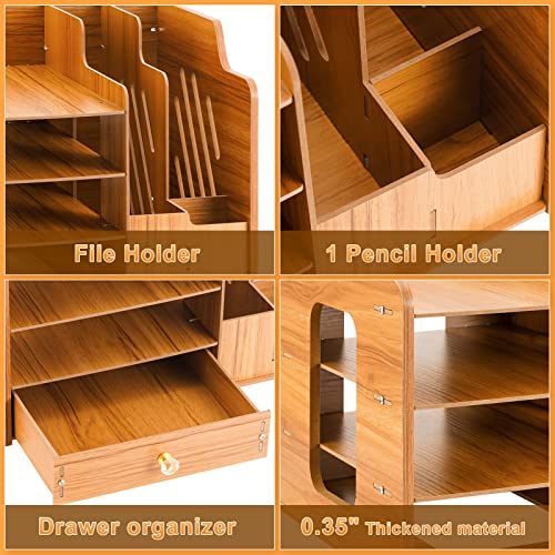 Marbrasse Wooden Desk Organizer With File Holder, 4-Tier Paper Letter Tray Organizer With Drawer And Pen Holder, Multi-Functional Diy Desk Organizers And Accessories For Office Supplies (Cherry Color) #TOP4