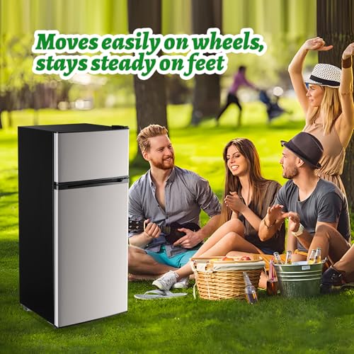 DEMULELR 4.5Cu.ft Refrigerator with Freezer Two Door Fridge with Removable Glass Shelves, Crisper Drawer & Extra Drink Space, LED Light, Apartment Size Fridge for Dorm Silver - Image 6