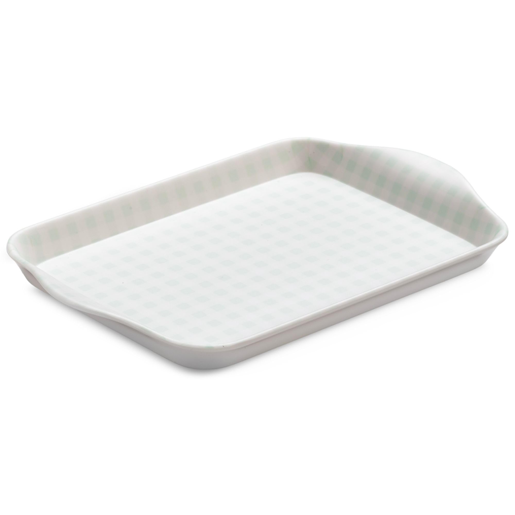 Zeal Mini Serving Tray, Small Melamine Tea & Coffee Tray, Gingham Pattern Snack & Drinks Tray with Raised Handles, BPA Free, 18 x 14cm (Sage Green)