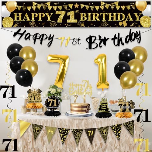 Image of 71st Birthday Decorations for Men, Black Gold 71st Party Decoration Kits | 27pcs Happy 71st Birthday Set, Banner, Honeycomb, Balloons, Gold Number, Candle, Hanging Swirls, Cake Topper, Party Supplies