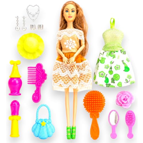 Image of SHAKTISM Doll Set for Girls with Makeup, Dress, Accessories, Wardrobe Closet, Hangers, Necklace, Multicolor, 3 Years and Up (Hello Sweety Doll (Bag)