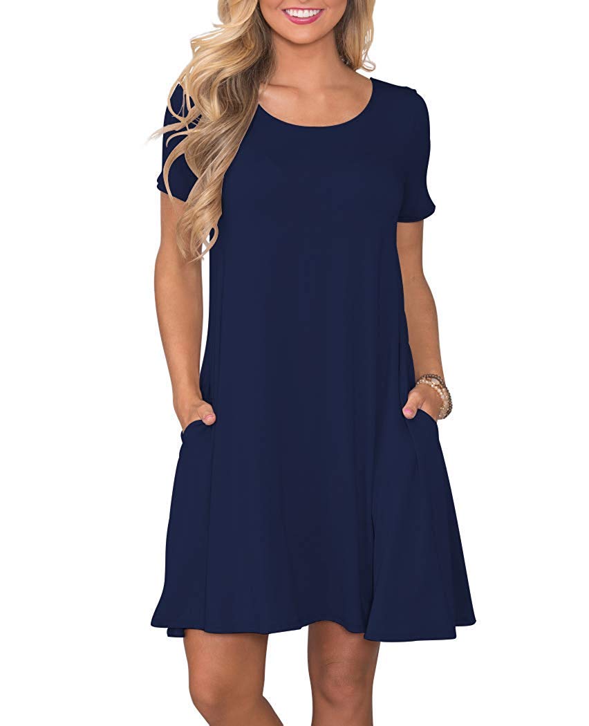 WNEEDU Women's Summer Casual T Shirt Dresses Short Sleeve Swing Dress with Pockets