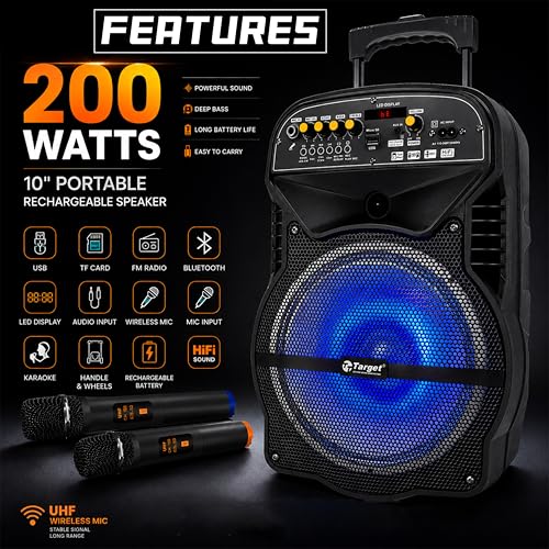 Image of TARGET TT-PAF-1010+ Wireless Bluetooth Trolley Speaker 10 inch 200 WATTS RMS, Karaoke with 2 Wireless Mic, Remote Control, FM Radio, Aux in /USB /SD Card with TWS