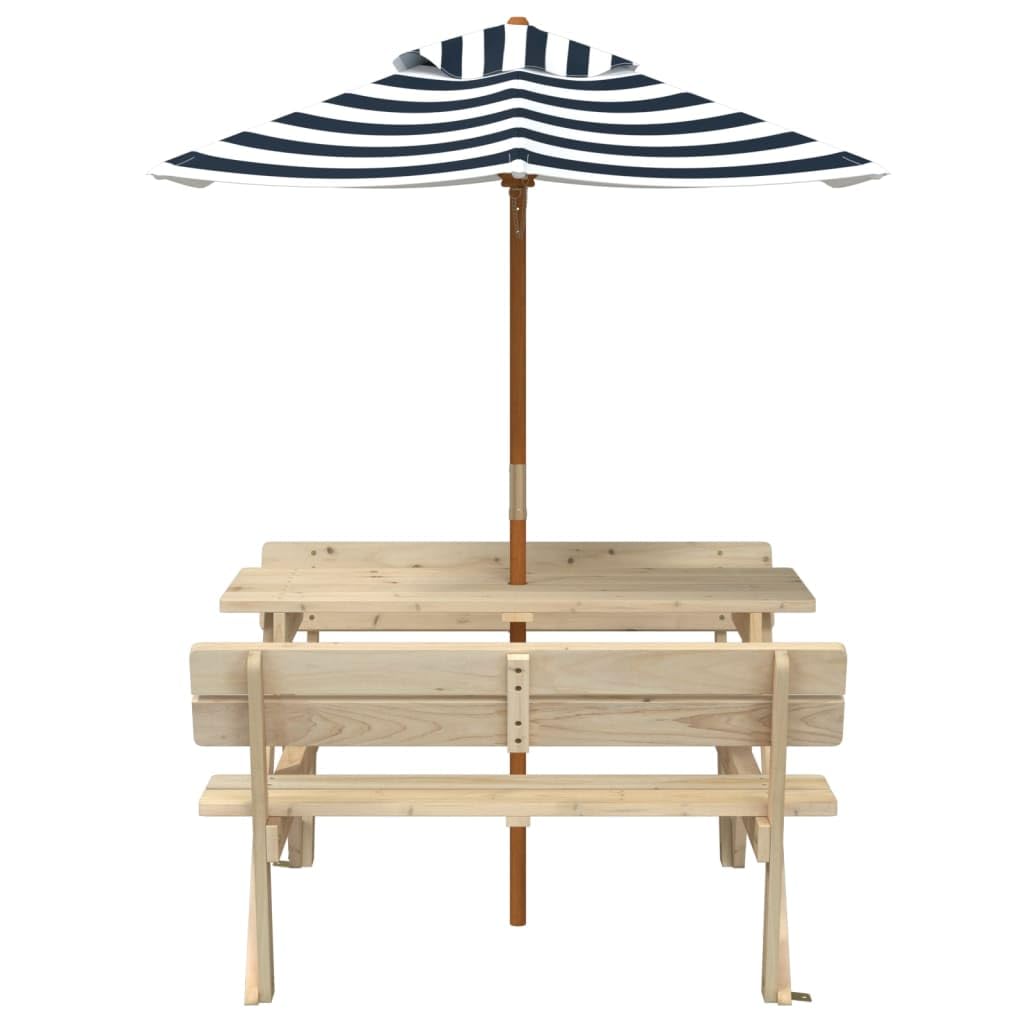 Tavolo da picnic per 4 bambini con ombrellone in legno di abete massiccio, tavolo da giardino per terrazza e balcone, tavolino stabile per mangiare, barbecue, feste e campeggio