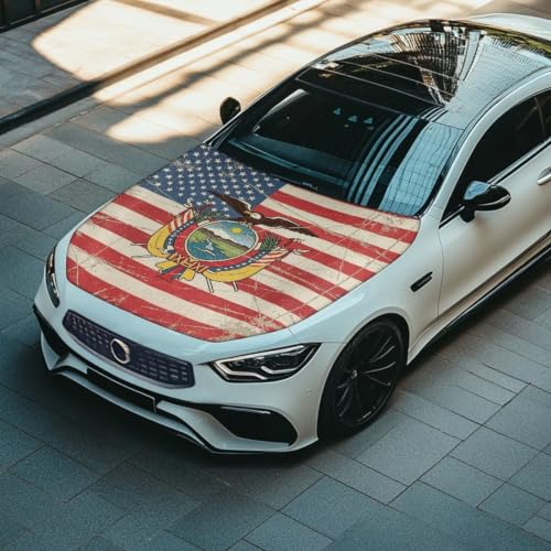 Image of Car Hood Cover American Flag and Ecuador Flag Theme Car Hood Protector Waterproof Universal Automotive Exterior Accessories Patriotic Decorations for Compact Vehicles Sedans Trucks SUVs
