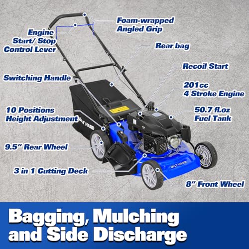 Image of BILT HARD 201cc Push Lawn Mower, 3-in-1 Gas Lawnmower 21 Inch with 4-Cycle Engine, Bagging, Mulching and Side Discharge, Adjustable 10-Positions Cutting Height, Easy Start