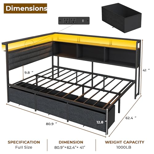 Image of OURPIC Full Size Bed Frame with Headboard and Storage Drawers, Full Metal Platform Corner Bed Frame with Charging Station and LED Lights, Heavy Duty Strong Support Slats and Easy to Assemble, Black