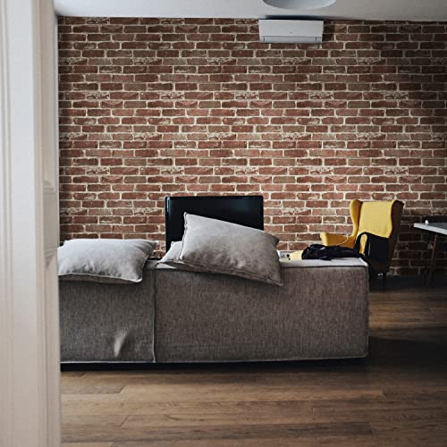 JOLIHOME Papier Peint Vintage Brun Rougeâtre Sticker Mural Autocollant à Effet Brique Rustique Film Vinyle Imperméable Papier Peint Texturé Pierre Ardoise pour Décoration Chambre 44.5x500cm