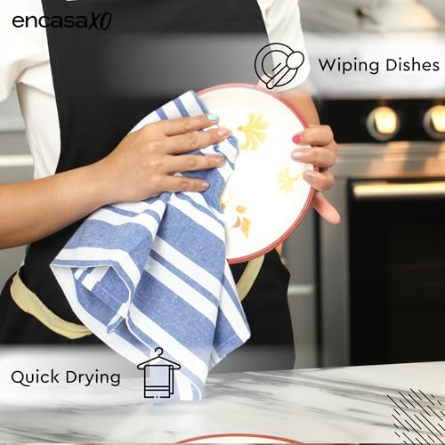 Image of Encasa XO Kitchen Towels Cotton Pack of 4 | 70x45 cm, Franca Blue Stripes - Dish Cloths | Highly Absorbent Cleaning & Wiping Cloths for Kitchen | Reusable Tea Towels
