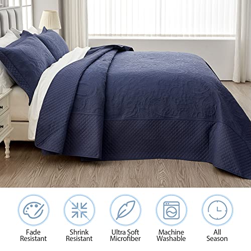 Image of Qucover Oversized King Bedspreads, 3 Piece Soft Microfiber Lightweight Oversized King Quilt 128x120, Elegant Paisley Ultrasonic California King Bedspread Bedding Coverlets, Navy Blue