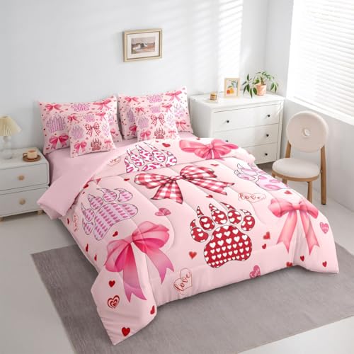 Image of Pink Bowknot King Bedding Sets 7 Pieces Girly Bow Love Romantic Style Comforter Set Heart Leopard Print Paw Prints Bedroom Decor Comforter,Flat Sheet,Fitted Sheet,2 Pillowcases,2 Pillow Covers
