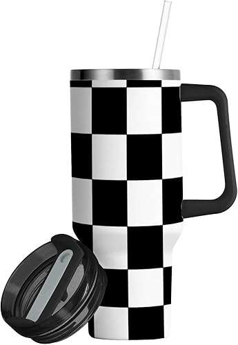 Miniatura 2 de Botella de agua reutilizable al vacío a cuadros en blanco y negro con asa y tapa de pajita, taza decorativa de oficina para agua, té helado o café,