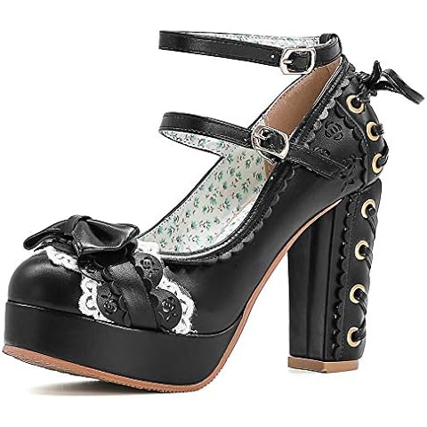 SaraIris Mary Jane Shoes for Women, Vintage Chunky High Heels Ankle Buckle Strappy Sweet Bow-Knot Kawaii Cosplay Party Dress Shoes Black Cover