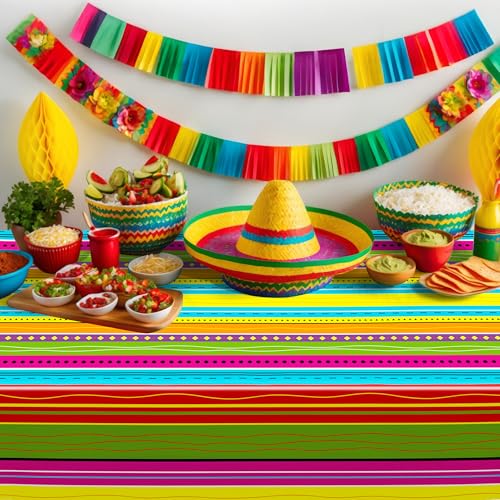 Image of 3 Pcs Plastic Day of the Dead Tablecloth Mexican Theme Party Decorations | 54 inch x 108 inch Fit 6FT Table, Thick PE3 Plastic Rectangle Table Cover, Colorful Serape Stripe Dinnerware Fiesta Decorations