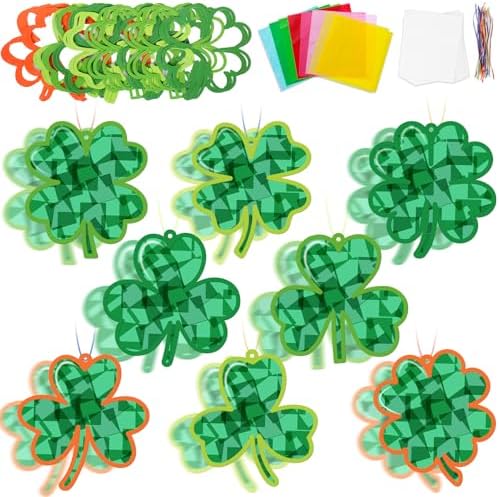 Lonfliness 32Sets St. Patrick's Day Suncatchers Craft Kit DIY Shamrock Window Stained Glass Effect Paper Lucky Clover Home Decoration Art Creative Activity Project Gift Favor image 4