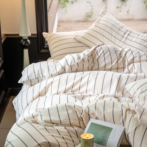 LifeTB Boho Striped Duvet Cover Sets King Beige Cream Duvet Cover with Grey Stripes Pattern Comforter Cover Breathable Farmhouse Bedding 100% Washed Cotton Striped Bedding Comforter Cover King Size