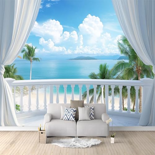 Carta Da Parati Soggiorno 3D Balcone Vista Mare Fuori Dalla Finestra Blu 200x140 cm Fotomurale Stampa HD Moderna, per Camera Letto TV Decorazione di sfondo Fotomurali in Murale alla moda da Muro