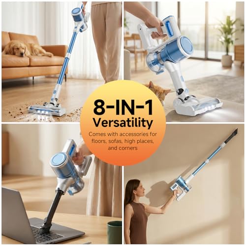 Image of BSNAW Cordless Vacuum Cleaner for Home - Lightweight, Stick Vacuum Clean with Rechargeable Battery, Max 45Mins Runtime, 8 in 1 Handheld Vacuum for Hardfloor & Carpets Pet Hair, Blue