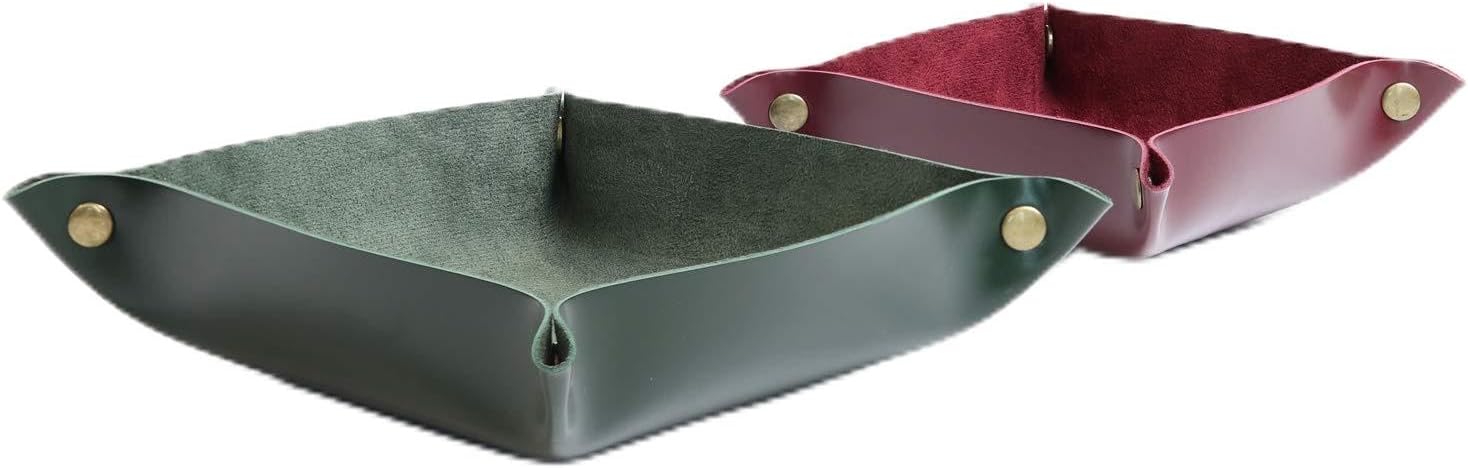 Choosen Leather and Fluff Desktop Storage Organizer, Key Coin Watch Wallet Phone jewelry Tray, Valet Catchall Box for Nightstand and Dresser, Big Army Green and Small Wine Red