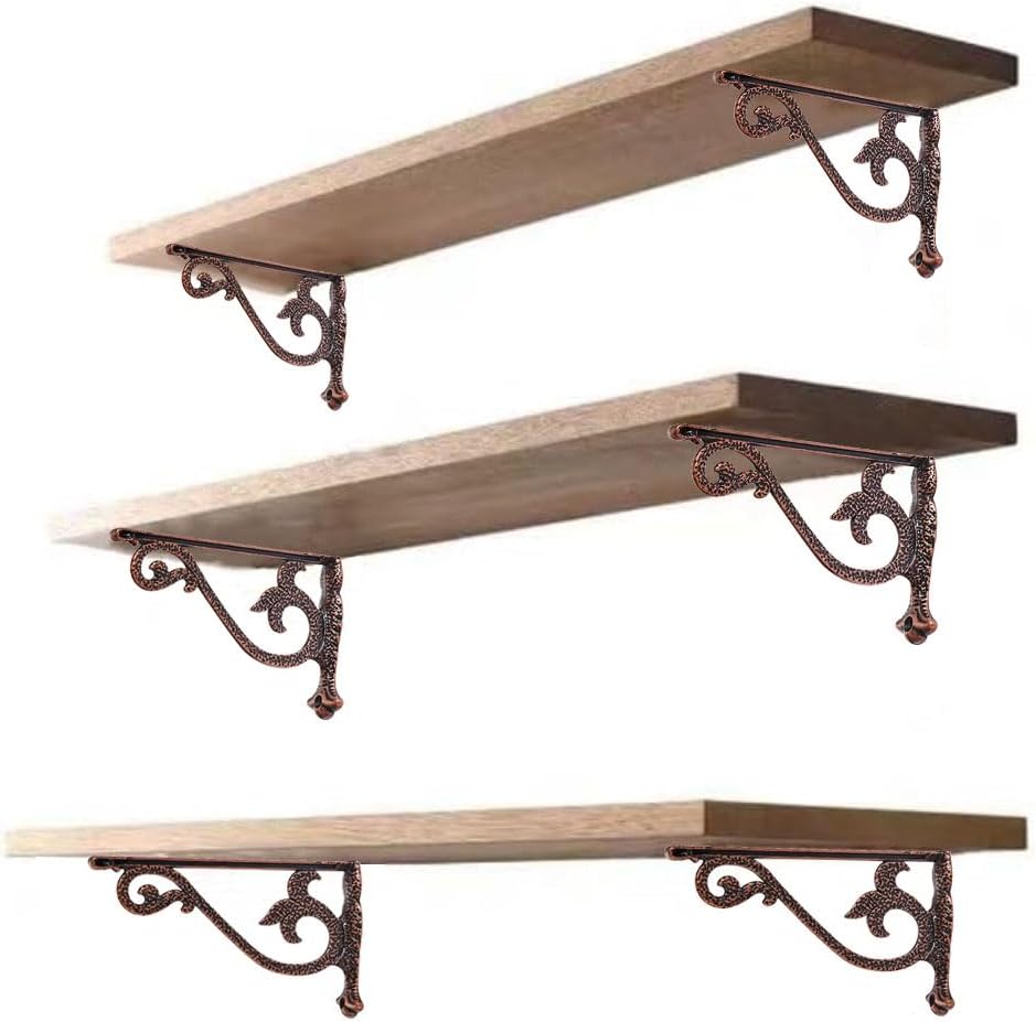 khtumeware 4 Pack Heavy Duty Hammered Antique Copper Shelf Brackets 10 Inch Wall Mounted Shelf Brackets Decorative Metal Wall Floating Rack Shelving Brackets