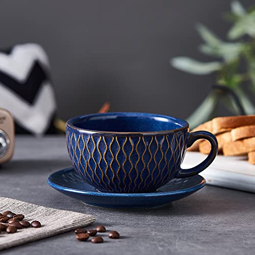 Coffeezone Vintage Design 12 Oz Ceramic Latte Art Cappuccino Barista Cup With Saucer (Embossed Blue) #TOP5