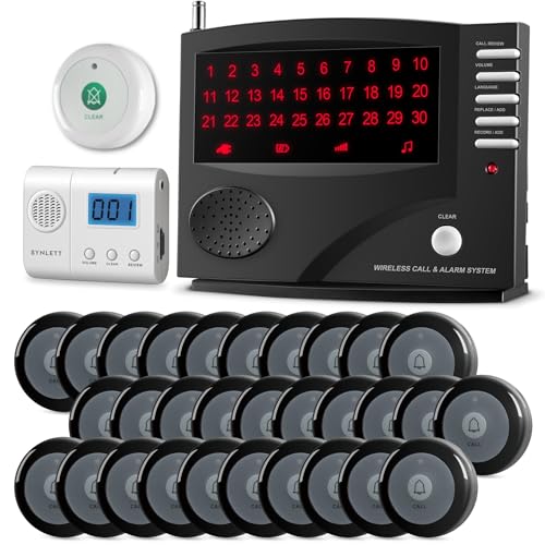 SYNLETT Nurse Call System with 1 Portable Pager, 30 Call Buttons, 1 Clear Call Button & 1 Central Monitoring Unit Black