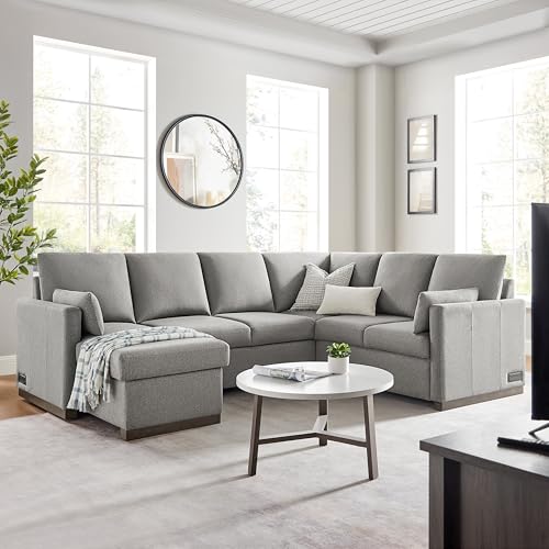 Image of Serta Emmett 110.2 inch Convertible Sleeper Sectional, Queen Size, Dreamcoil Comfort, Reversible Storage Chaise, USB-C and USB-A Power Ports, Woven Fabric, Light Grey
