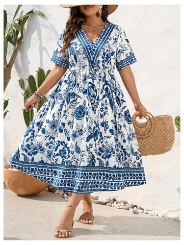 Image of Floerns Women's Plus Size Boho Hawaiian Tropical Dresses V Neck Short Sleeve Floral A Line Long Dress Vacation Beach Outfits