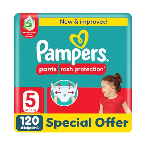 Pampers Rash Protection Pants Diapers, Size 5, 12-18kg, +50% Aloe Vera Lotion, 360° Leak-Free Fit for up to 100% Leakage Protection, Giant Pack, 120 Count