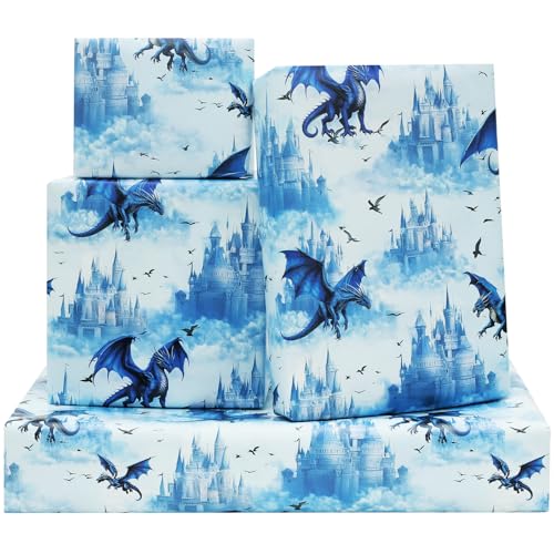 DXRJMB 6 Sheets Fantasy Dragon Wrapping Paper Cool Castle Gift Wrap Set Magical Birthday Gift Packaging Paper for Kids Boys Girls Baby Shower & Party Supplies 28 x 20 Inch