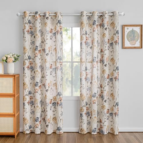 Image of MYSKY HOME Floral Linen Curtains 84 inch Length 2 Panels Set Summer Flower Patterned Semi Sheer Light Filtering Privacy Farmhouse Grommet Drapes for Living /Dining Room, Yellow, W52 x L84, Pack-2