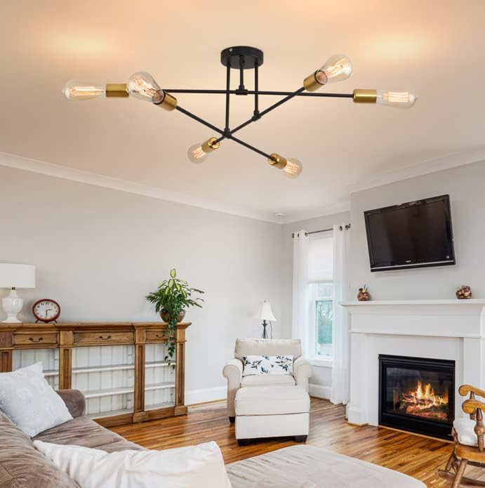 AOLALA Ceiling Light Chandeliers 6 Lights Modern Sputnik Ceiling Light Fitting, Industrial Semi Flush Mount Ceiling Lamp Gold and Black for Living Room Bedroom Kitchen Hallway Dining Room E27
