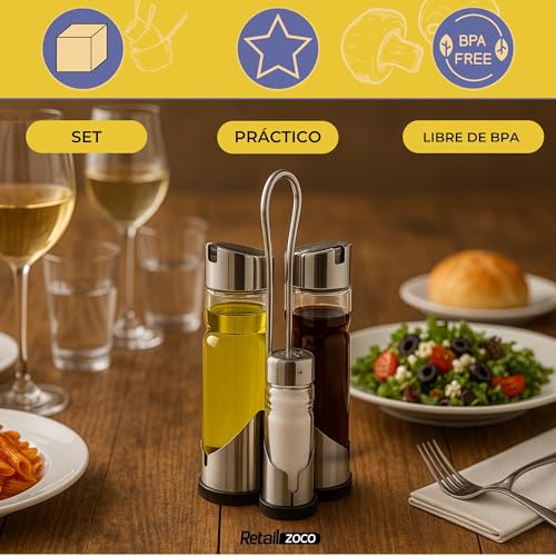 Miniatura 2 de Chefzoco Convoys De Aceite Y Vinagre, Set De Aceite Y Vinagre, Set De Sal Y Pimienta, Vinagreras Y Aceiteras De Mesa Con Soporte, Fabricada En Acero Inoxidable Y Vidrio, Libre De Bpa