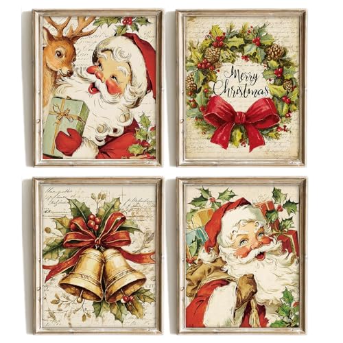 Impression art mural Noël 20x25 cm | Lot de 4 affiches vintage sans cadre Whaline