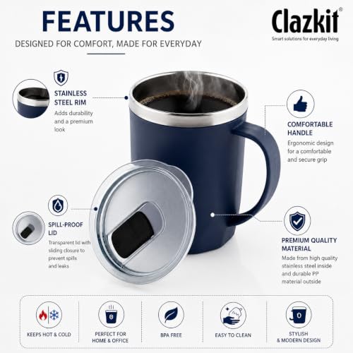 Image of Clazkit Travel Leak Proof Coffee Mug | Stainless Steel Coffee Tumbler | Spill-Proof Lid | Hot & Cold Vacuum Mug for Office, Travel & Car- 400ml - Dark Blue