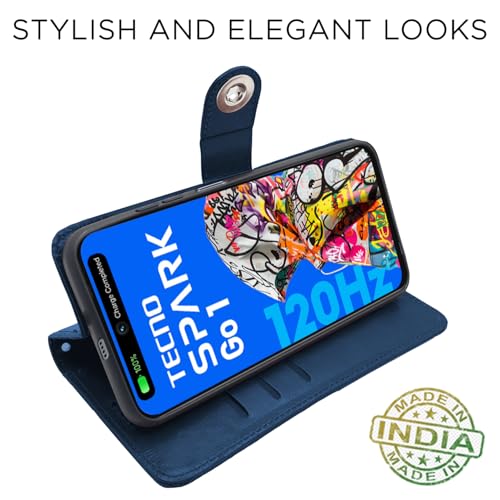 Image of Pikkme Flip Cover Leather Finish | Inside TPU with Card Pockets | Wallet Stand and Shock Proof | Complete Protection Button Flip Case for Tecno Spark Go 1 (Blue)
